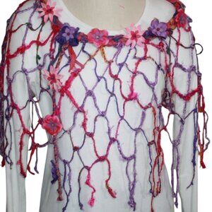 Magenta, Purple & Pink Sari Silk & Handknotted Banana Fiber Poncho Silk Flowers